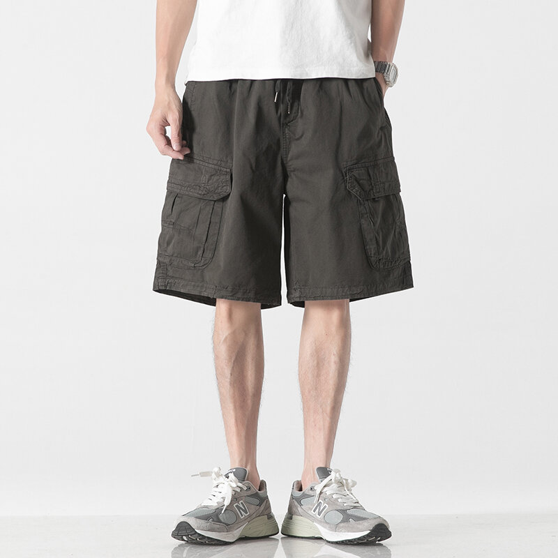 Шорты-карго мужские на молнии, модные повседневные однотонные штаны-карго с несколькими карманами, на шнурке, лето 2023