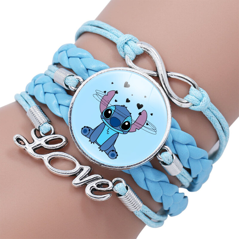 Gelang kulit kartun Disney Stitch, gelang buatan tangan klasik tali kepang biru untuk perhiasan anak-anak gelang dapat disesuaikan