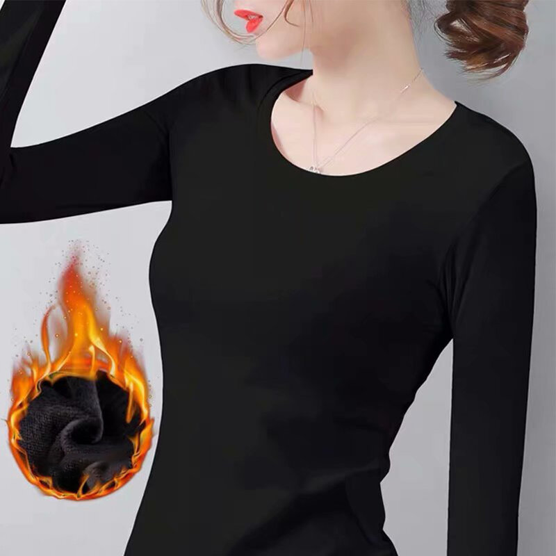 Женские зимние термотопы с длинным рукавом, термобелье, футболка с круглым вырезом, теплая ночная рубашка для ношения слоями, однотонная мягкая нижняя одежда