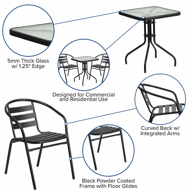 Mesa Cuadrada de Metal y cristal, mueble moderno de 23,5 pulgadas con 2 sillas de pila de listón de aluminio y Metal negro