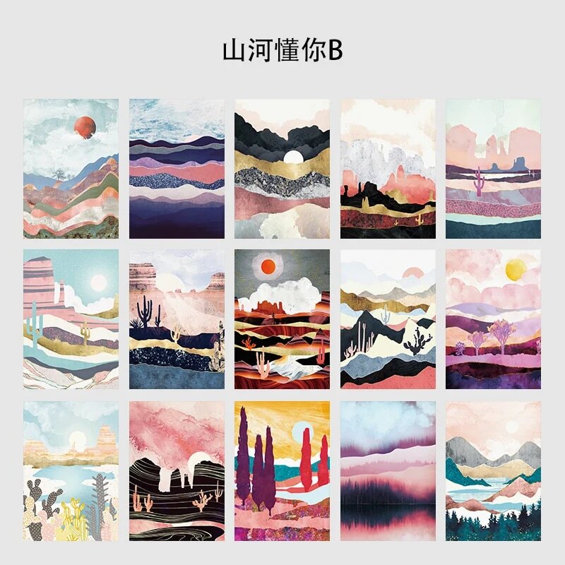 Ins Mountain River Scenery Art Postcards Creative Colorful Decoratiove Card Bedroom Background Wall Sticker Photo Props 15sheets