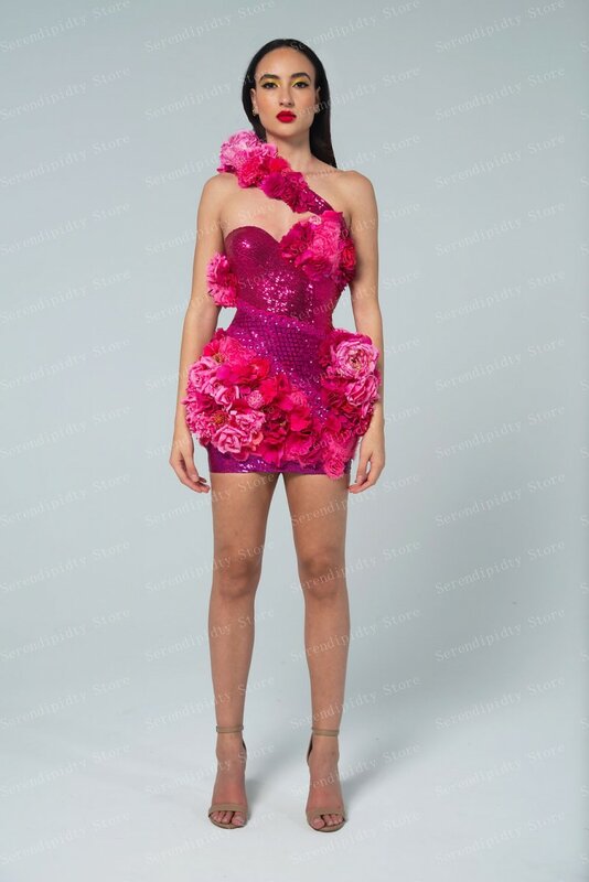Vestido floral de um ombro feminino, comprimento mini, lantejoulas cristais, tamanhos grandes, vestidos de festa, rosa, luxo, gracioso, quente