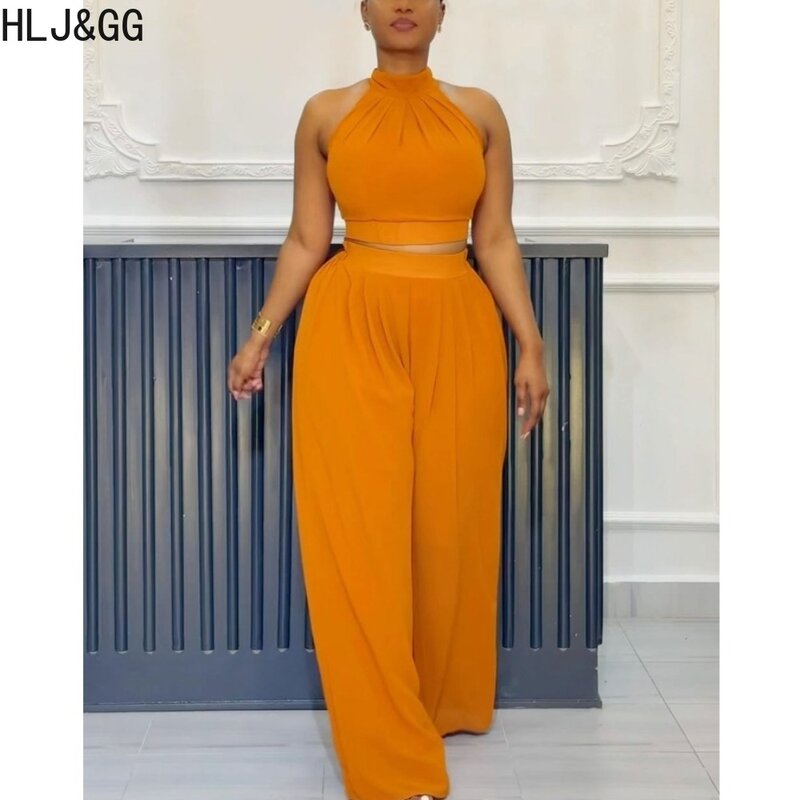 HLJ&GG Summer New Solid Wide Leg Pants Two Piece Sets Women Halter Sleeveless Crop Top And Pants Outfits Elegant Lady Clothing