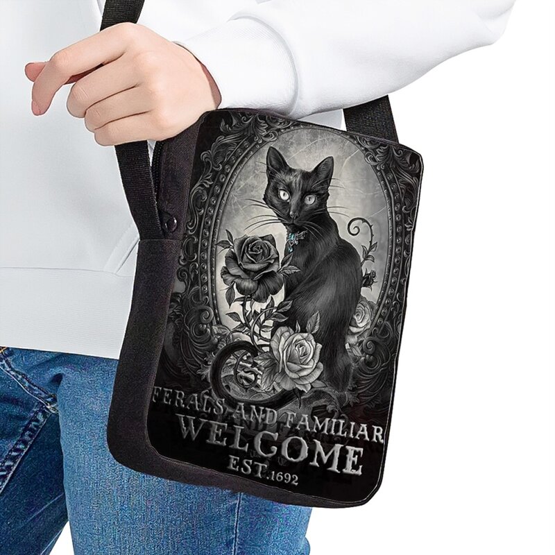 Bolsa de ombro com estampa gato preto para crianças, bolsa mensageiro, pequena capacidade, casual, viagem, nova moda, quente, crossbody, compras