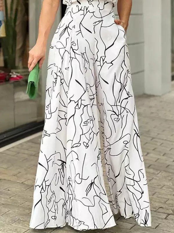 Kama-Macacão de cintura elegante feminino, gravata estampada casual, sem mangas, Calça longa de perna larga, roupas de verão, 2021