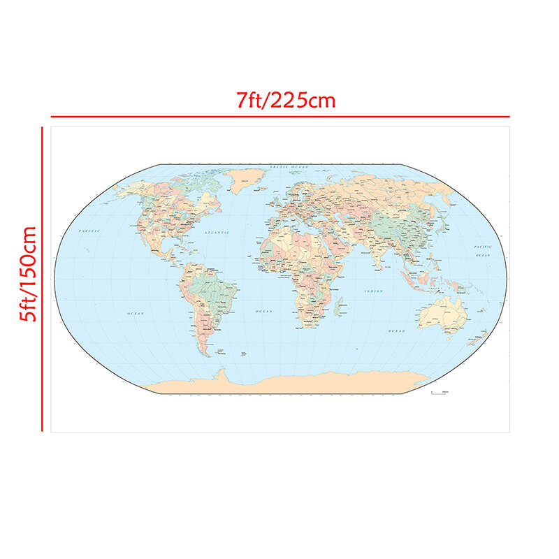 Mapa do mundo impermeável para o curso e a excursão, projeção de Mercator, mapa não tecido, nenhuma bandeira do país, 150x225cm
