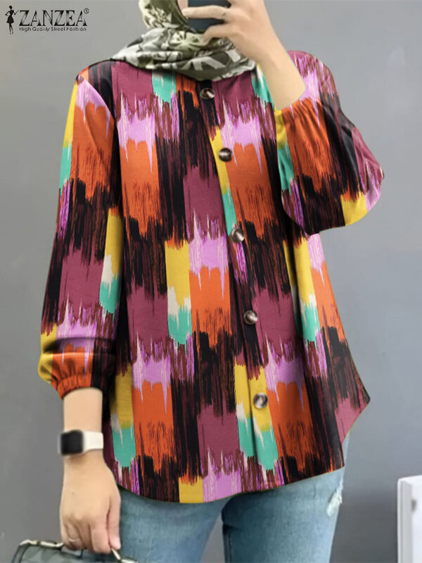Женская рубашка ZANZEA Eid Mubarek с длинным рукавом и цветочным принтом, в богемном стиле, осенняя блузка, винтажный Повседневный укороченный топ