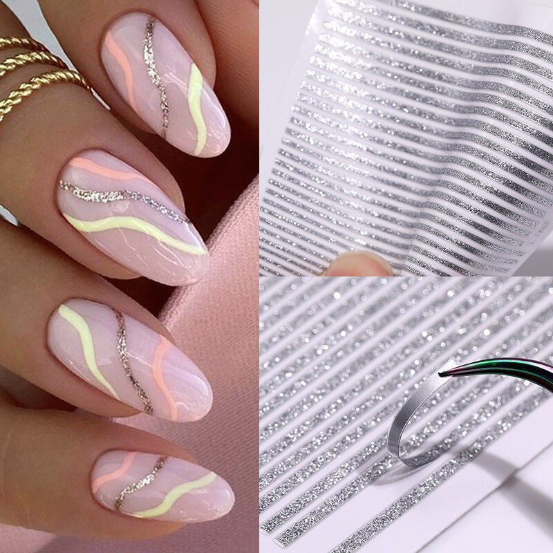 Naklejki do paznokci 3D linie srebrna róża złoty Metal paski litery naklejki krzywa paznokcie żelowe sztuki suwaki Manicure wystrój