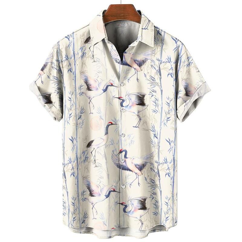 남성용 하와이안 셔츠, 단추 라펠 반팔 셔츠, 3D 동물 중국 크레인 인쇄 블라우스, 여름 패션 남성 의류