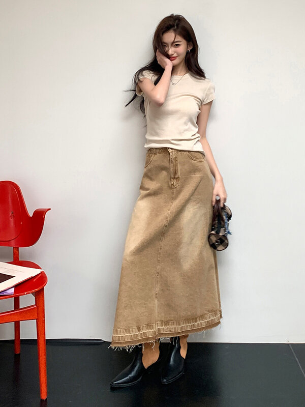 Odzież damska 2024 wiosna/lato nowe wzornictwo w stylu Vintage kurkuma jeansowa spódniczka Harajuku-line długie spódnice Faldas Mujer Moda