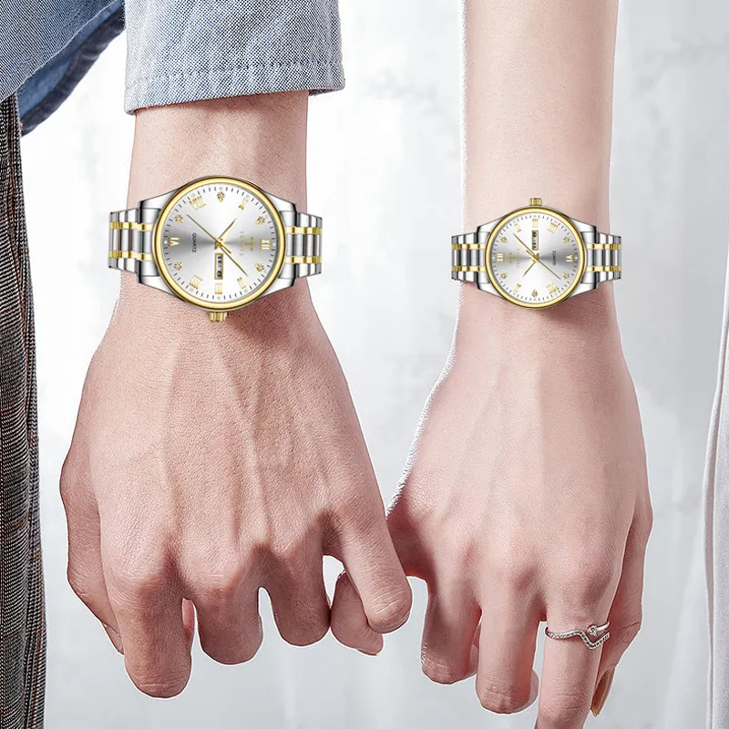 Zegarki dla par Podwójny wyświetlacz kalendarza Luksusowy zegarek Jego i jej Zestaw dla miłośników Wodoodporny świecący zegar ręczny ze stali nierdzewnej