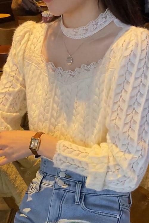 2022 Hollow Lace Tops Mesh Autumn Stand Collar Elegant Blouse Women Long Sleeve Sweet Loose 4XL Lady Shirt Blusas Mujer 23022