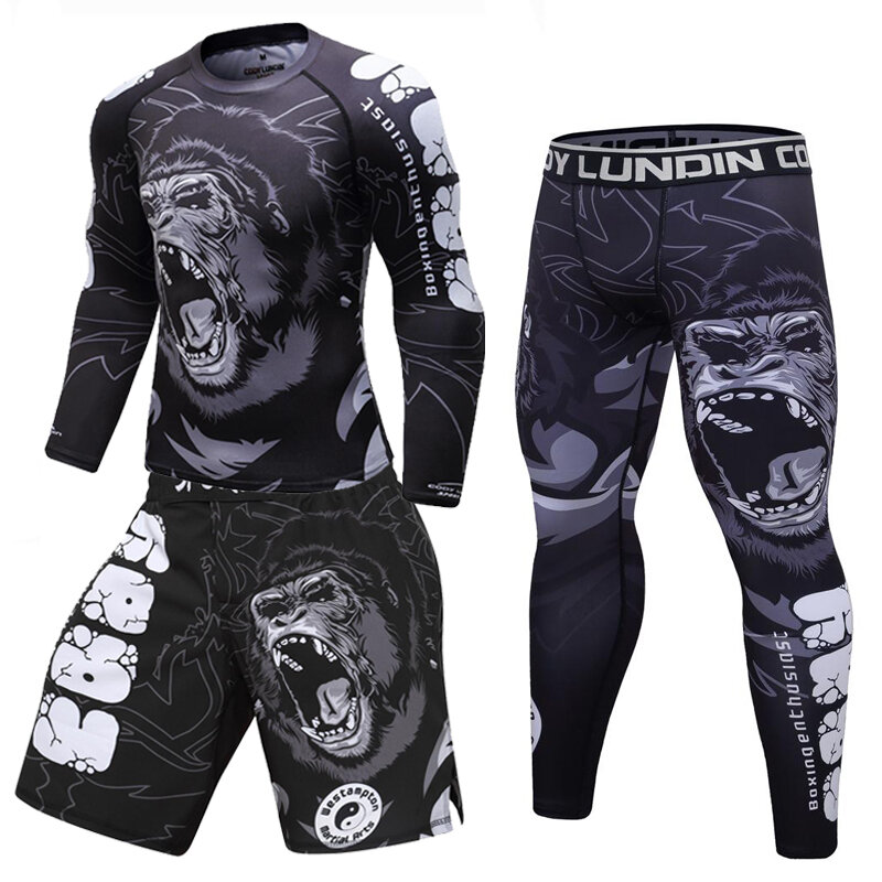 Nowi mężczyźni zestaw bokserski kompresyjne spodnie z dżerseju 3D Orangutan drukuj Rashguard Kickboxing obcisłe koszulki spodnie Muay Thai MMA Fightwear