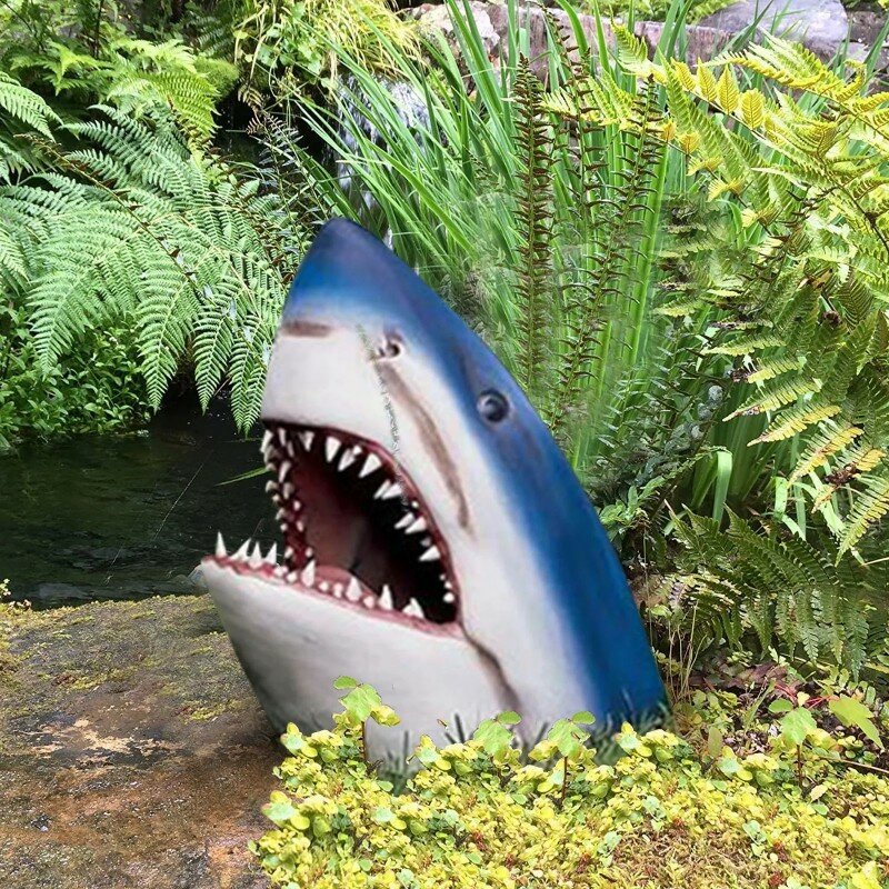 Estatua de resina de tiburón y cocodrilo para jardín, escultura realista de animales del océano, artesanía para piscina, patio al aire libre, accesorio de decoración del hogar