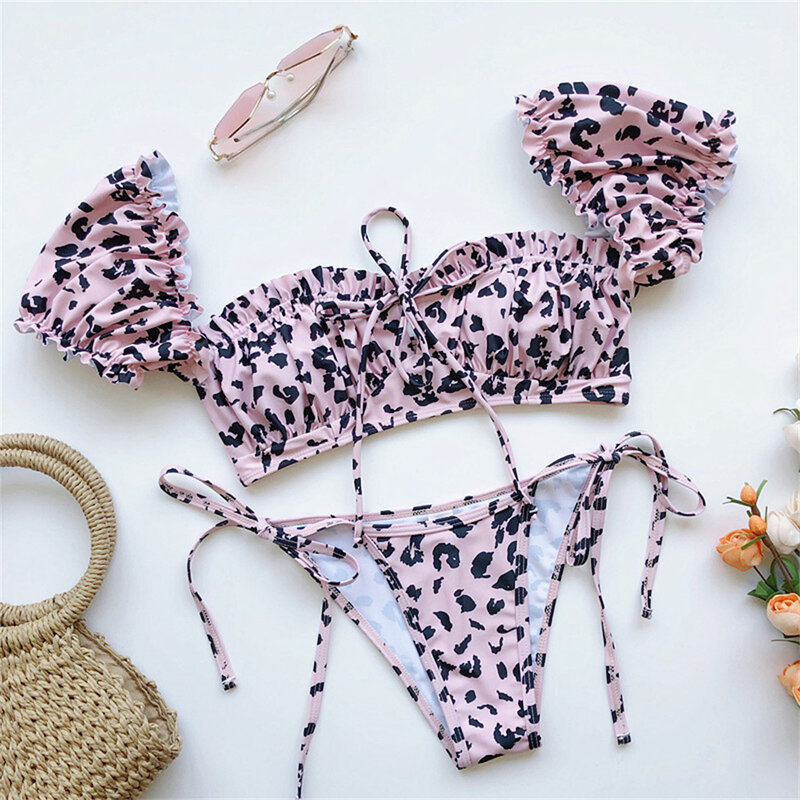Bikini con estampado de leopardo para mujer, Tankini fruncido con Tanga, traje de baño con cordones, traje de baño de dos piezas Y2K, conjunto de Bikini para playa
