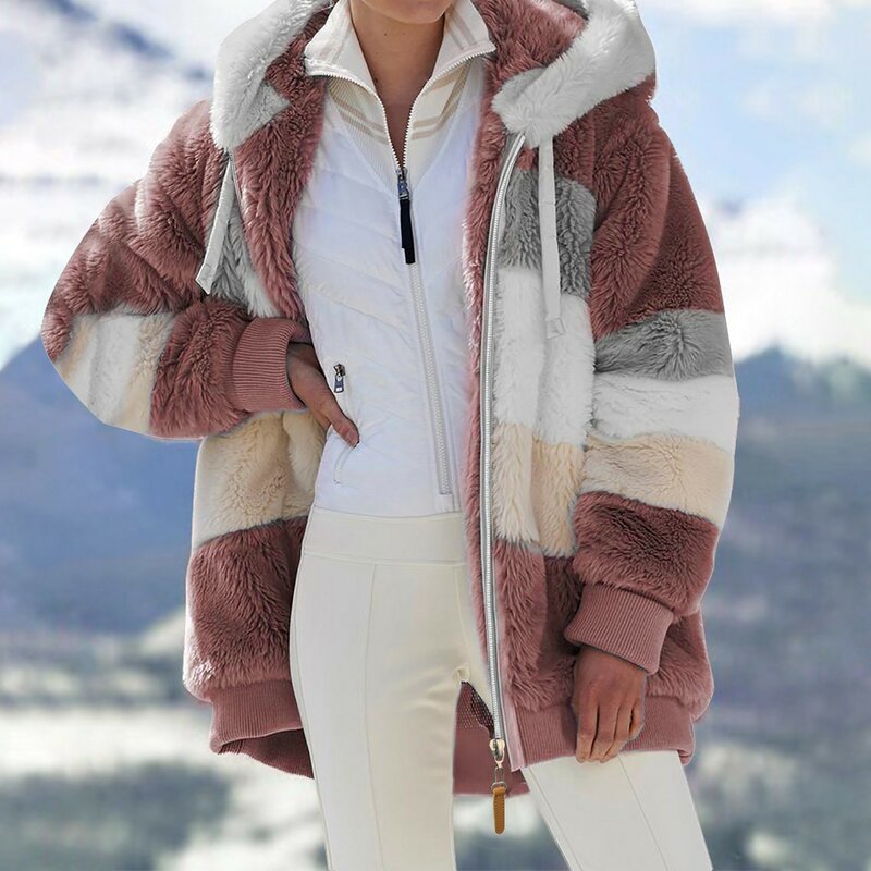 Mantel bulu palsu bertudung wanita, jaket mantel tebal luar ruangan lembut berlapis Vintage seragam kualitas tinggi musim dingin