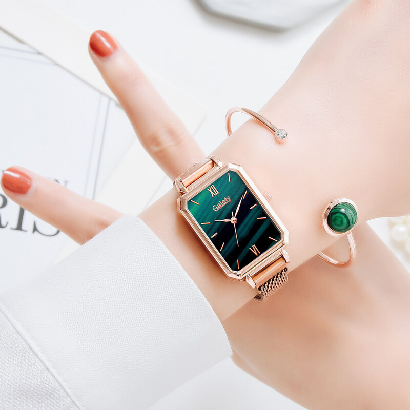XFCS-reloj de cuarzo cuadrado clásico para mujer, cronógrafo sencillo con esfera verde, conjunto de pulsera femenina, malla de oro rosa, a la moda
