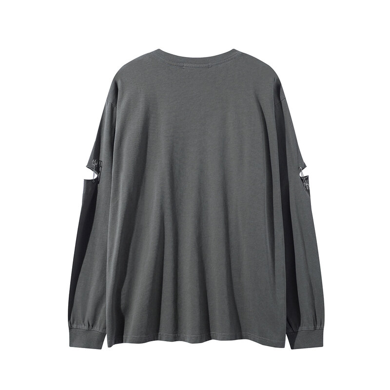 2024 Lente Herfst High Street Hole Solide Pullover Mannen Streetwear Shirt Harajuku Vintage Lange Mouwen Sweatshirt Tops