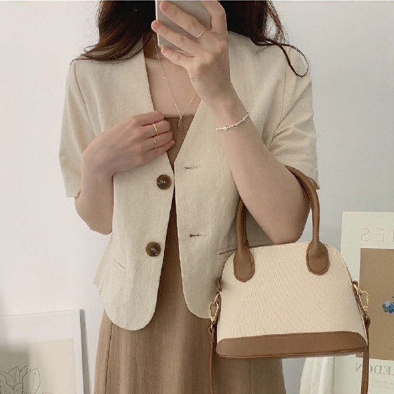 Coreano moda scollo a v cotone e lino Casual manica corta due bottoni giacca da donna estate nuovo Set completo Cardigan Top