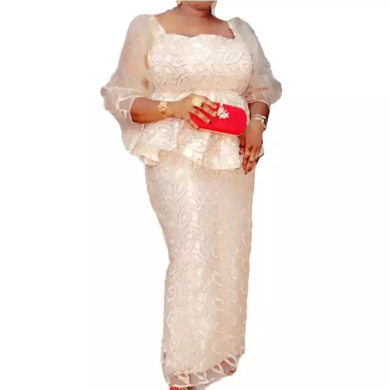 Pasujące zestawy afrykańskie ubrania dla kobiet 2-częściowe zestawy obcisłe koronkowe eleganckie suknie na przyjęcia weselne afrykańska tkanina Ankara Top długie spódnice