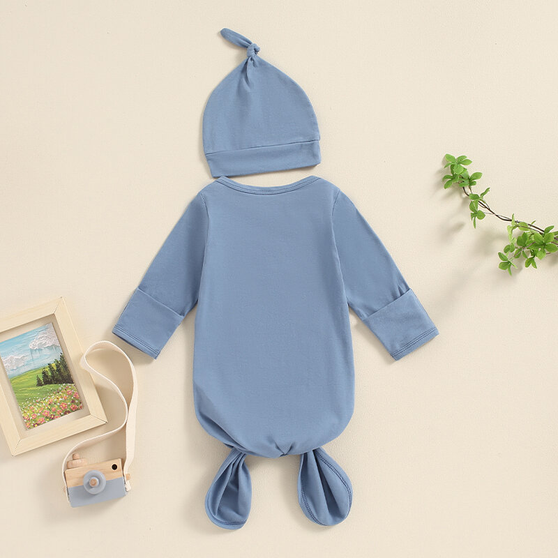 VISgogo-vestido anudado para bebé, conjunto de gorro y saco de dormir de manga larga con bordado de letras para recién nacido, niños y niñas