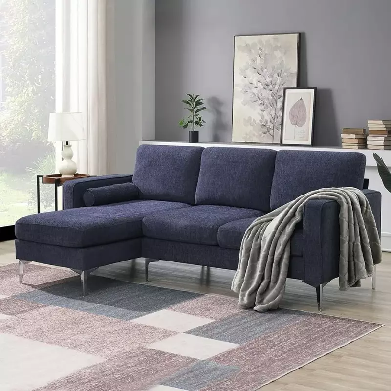 Sofa 3-osobowa w kształcie litery L, kabriolet z dwiema okrągłymi poduszkami, wypełniona gąbką, salon z tkaniny szenilowej, nowoczesna sofa segmentowa