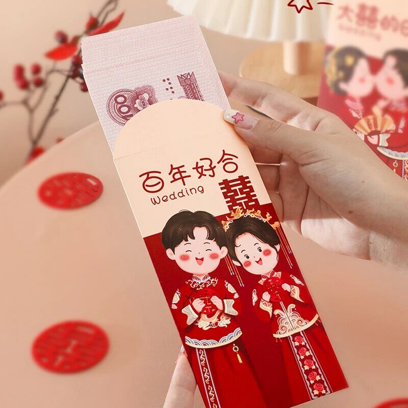 Envelope vermelho chinês tradicional para casamento, pacotes de dinheiro da sorte, bênção pacote vermelho hongbao presentes de casamento 6 unid