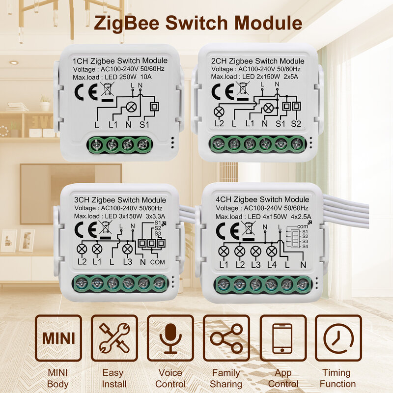 GIRIER Tuya ZigBee 3.0 Switch Module 10A Smart Home DIY Breaker 1 2 3 4 Gang supporta il controllo a 2 vie funziona con Alexa Google Home