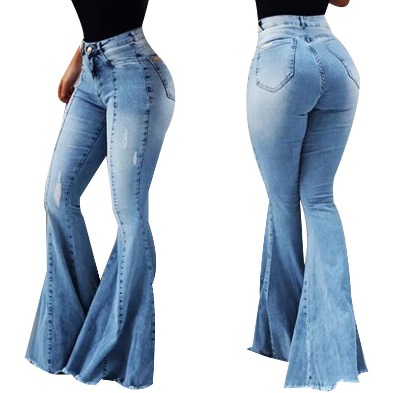 Celana Jeans Wanita Slim Fit Celana Denim Jeans Cutging Pinggang Tinggi Bawah Lonceng Celana Flare Wanita Elastis Jeans Sobek Kaki Lebar Mode