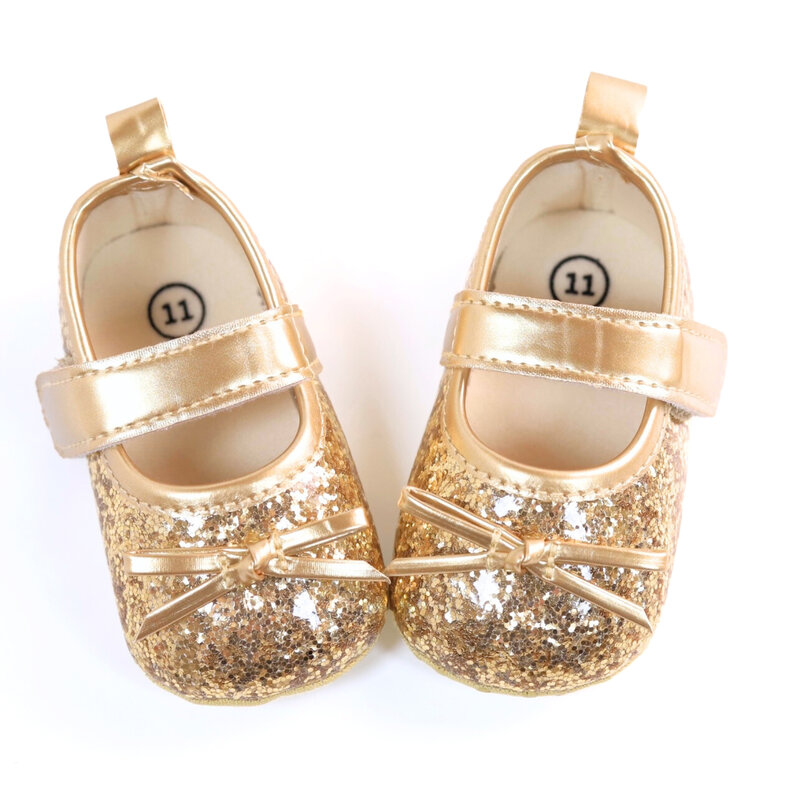 Sapatos bowknot Mary Jane com lantejoulas para bebês meninas, sapatos leves antiderrapantes macios, calçados elegantes na moda para festas internas e externas