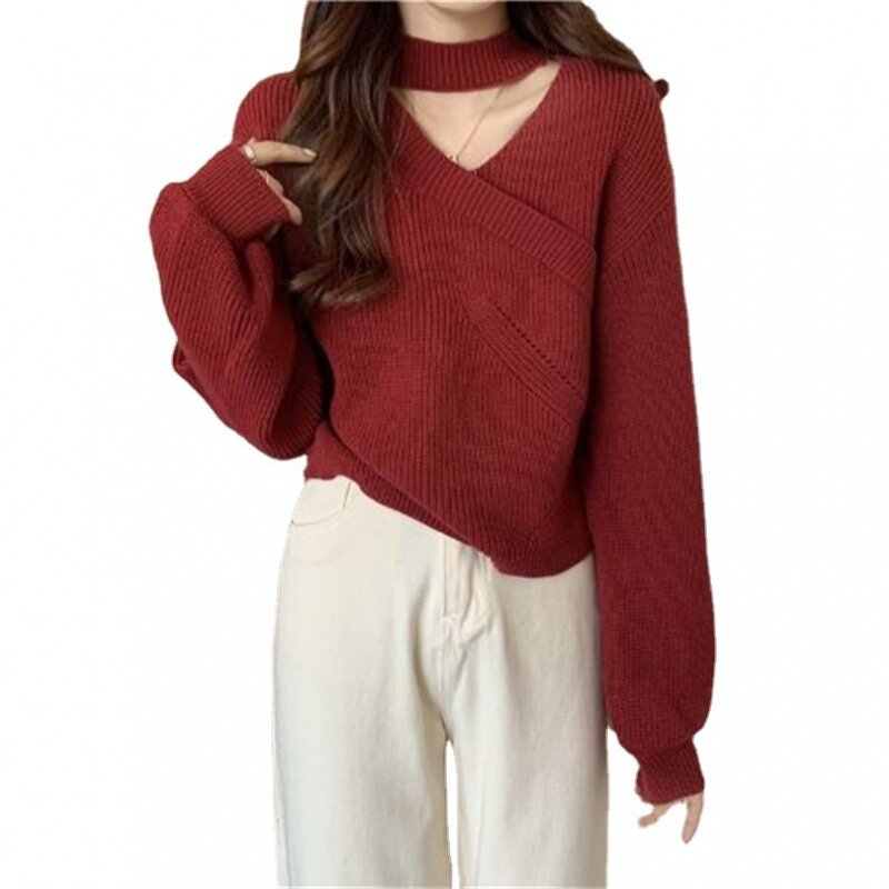 Top lavorato a maglia con scollo a v Halter Versatile nuovo maglione camicia fondo irregolare di nicchia per le donne