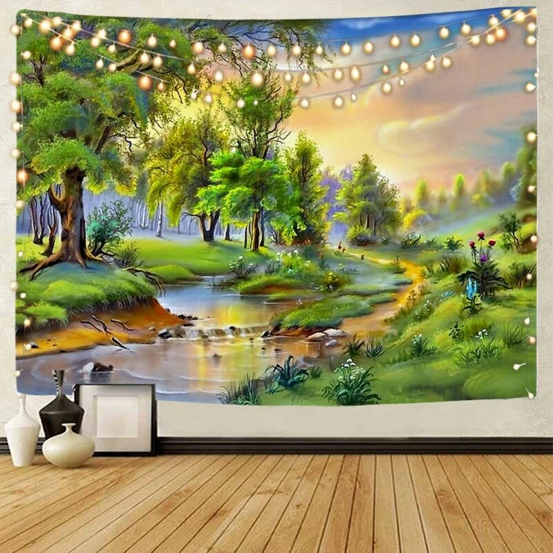 Floresta bonita e paisagem do rio decoração tapeçaria, ilustração riacho, decoração do fundo