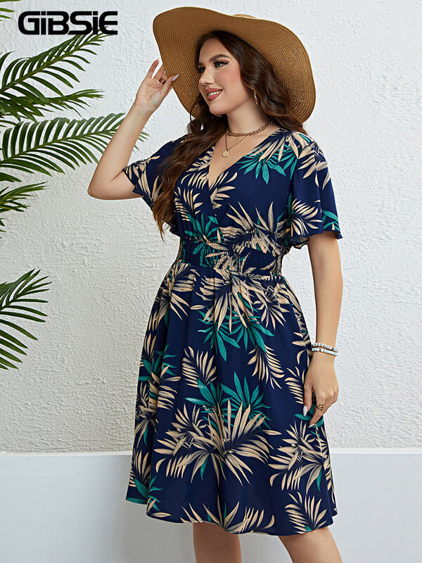 GIBSIE Plus Size Tropical Print V Neck Butterfly Sleeve Dress Women Vacation Boho Beach Casual Elastic Summer Midi Dresses 2024