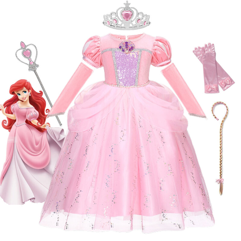 Новинка, костюм маленькой Русалочки Disney для девочек, Ариэль, принцесса, искусственное бальное платье, роскошный Карнавальный костюм для косплея, детский Фэнтезийный костюм на день рождения