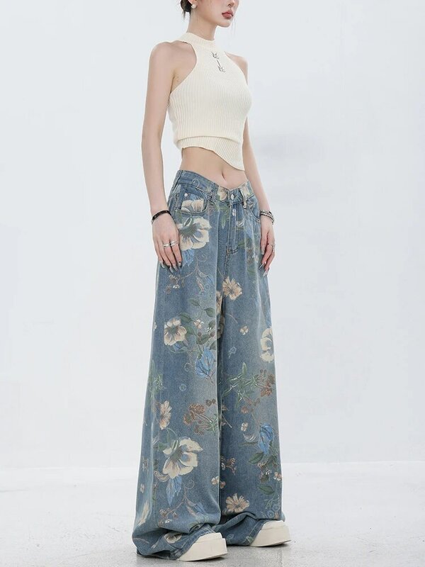 Fashion Printed Jeans 2024 Retro Floral Denim Mopping Trousers Korean Style High Street Loose Hip Hop Wide-leg Jean Pants