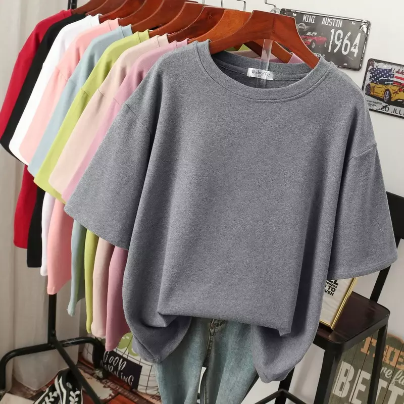 EBAIHUI-T-shirt Plus Size para mulheres, 100% algodão, top de manga curta, pescoço O, monocromático, camisas extragrandes, verão, L-5XL, 2023