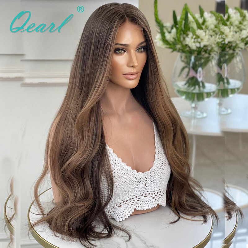 Qearl Hair-peruca longa de cabelo humano com destaques naturais, cinza marrom, laço frontal, pré arrancado, laço cheio europeu, novo, 28in, 360