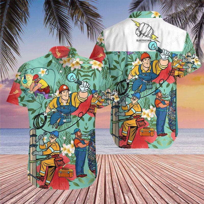 Hawaiian Shirts for Men Electrician Print Shirts Cool Nature Summer Casual Button Up Hawaii Shirts