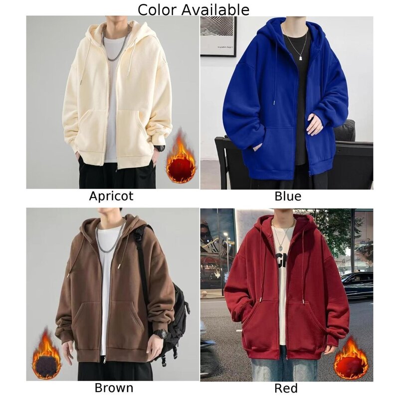 Mens Winter Warm Basic Solid Fleece Hoodie Cardigan Sweatshirt Tide Loose Large Size Jacket Hooded Coat Sweatshirt Tops Jacket