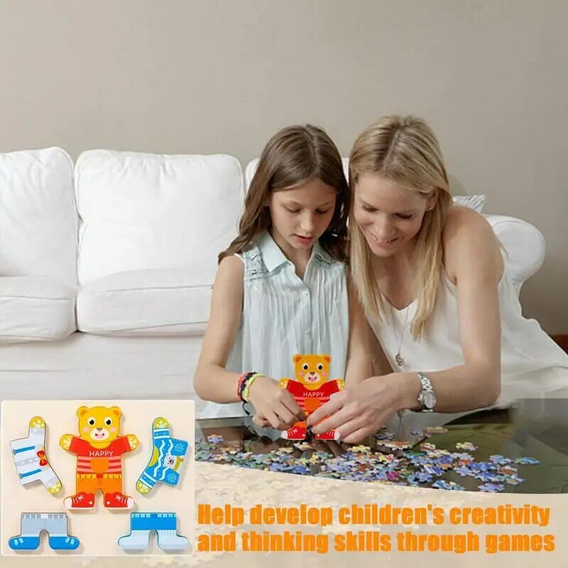 Element ubioru Puzzle drewniane łamigłówki do zmiany ubrań dla zwierząt macierzyste Montessori sortowanie i dopasowywanie wczesne zabawki edukacyjne gry