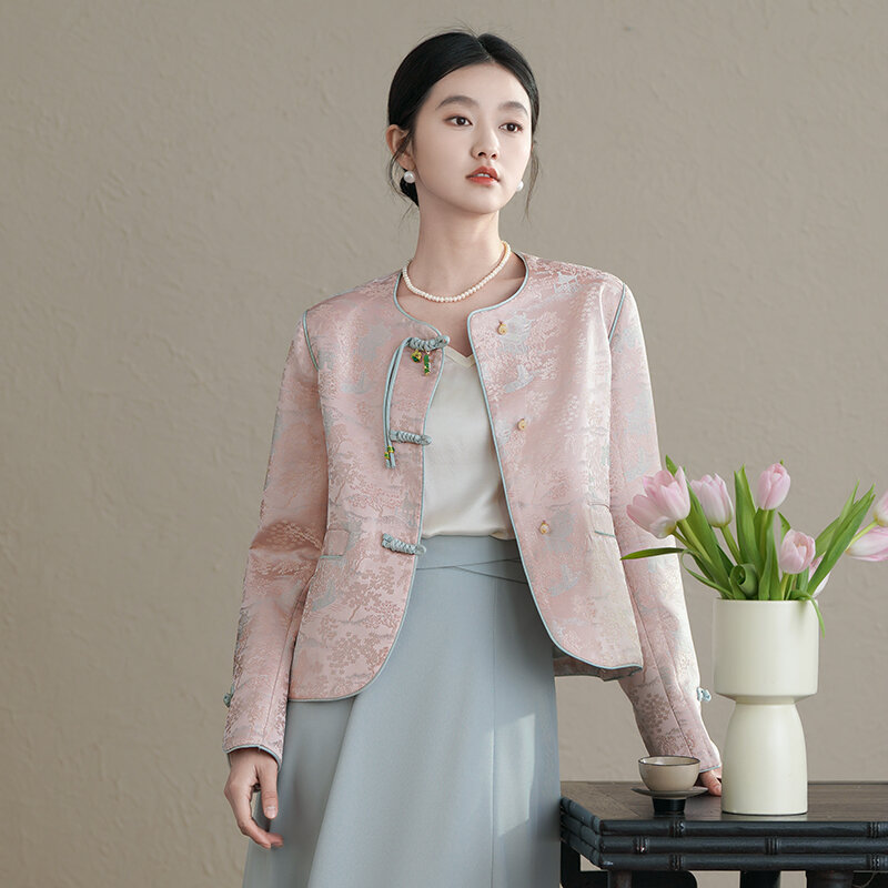 Miiiix mantel desain Fashion Cina wanita, pakaian Atasan Wanita model musim semi Jacquard Single Breasted leher bulat baru 2024