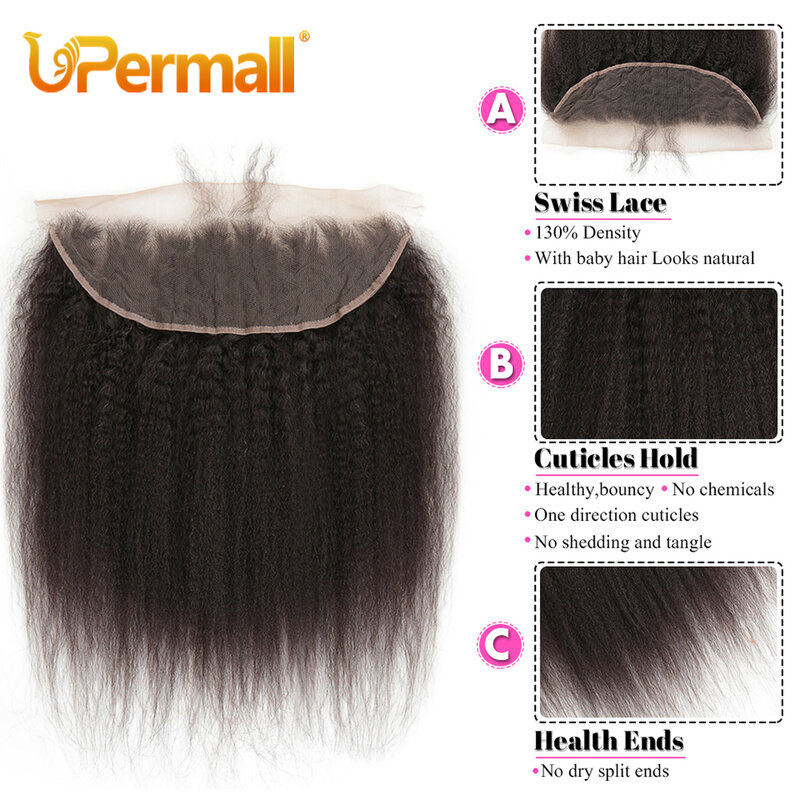 UperMixer-Cheveux Naturels Remy Crépus Lisses pour Femme, 13x4, Yaki Transparent HD, 4x4, Pre-Plucked, avec Baby Hair