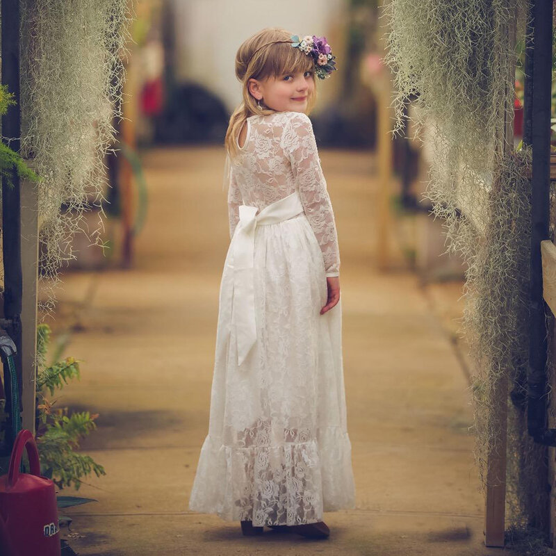 فستان زفاف للأطفال دانتيل كم طويل للفتيات أداء عيد ميلاد فستان طويل