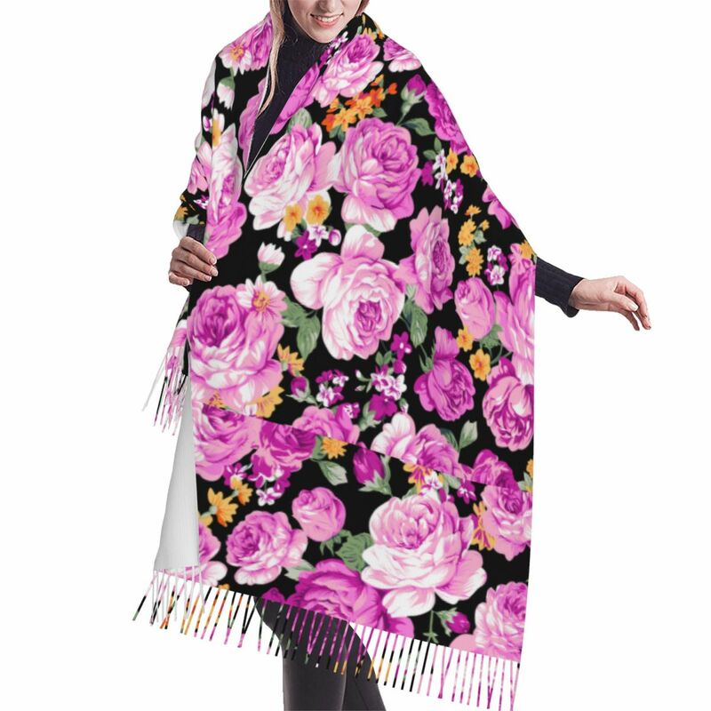 Rose Flower Winter Scarf para Women e Men, Warm Shawls, Tassel Scarves, Wrap
