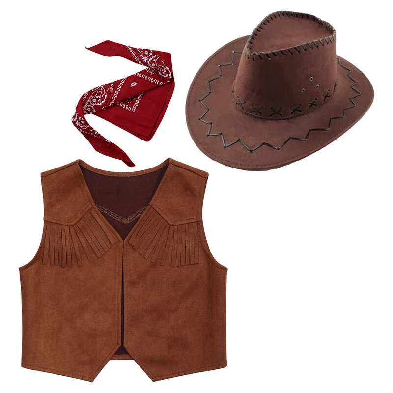 Wild West Cosplay Cowboy Cowgirl Costume Halloween Dress Up Clothes for Kids New Fringe Sleeveless Vest with Bandanna Hat Set