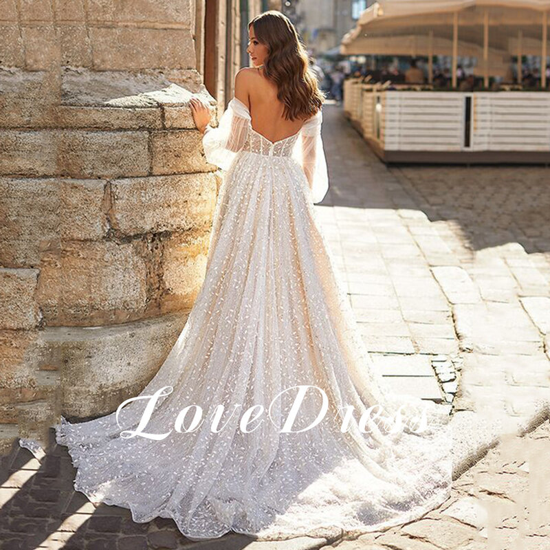 LoveDress-vestido de novia elegante con escote Corazón, hombros descubiertos, Espalda descubierta, Apliques de encaje de lujo, tren de barrido