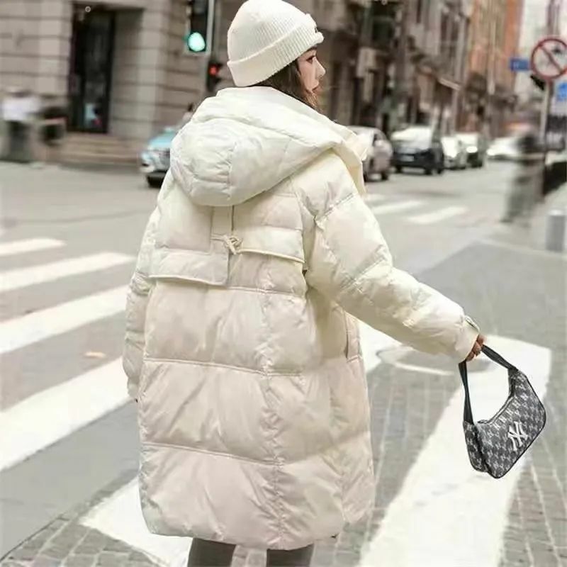 Casaco feminino de comprimento médio com capuz de pato, versão coreana Parkas, casaco grosso quente, branco, solto, inverno, novo