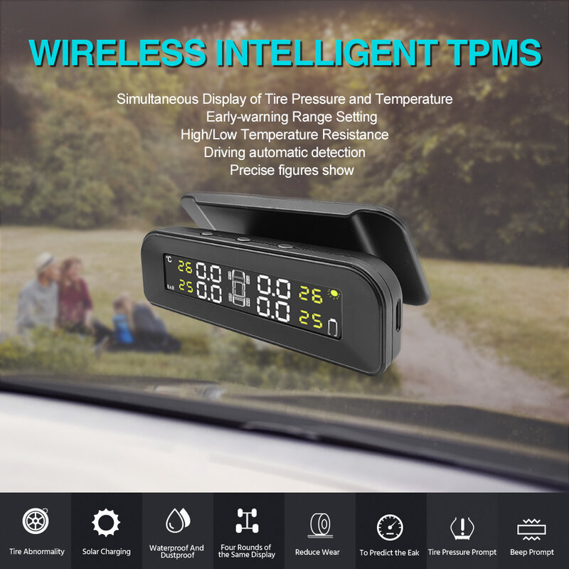 Acceo Smart Tpms Auto Bandenspanning Alarm Monitor Systeem 4 Sensoren Display Solar Intelligente Band Druk Temperatuur Waarschuwing