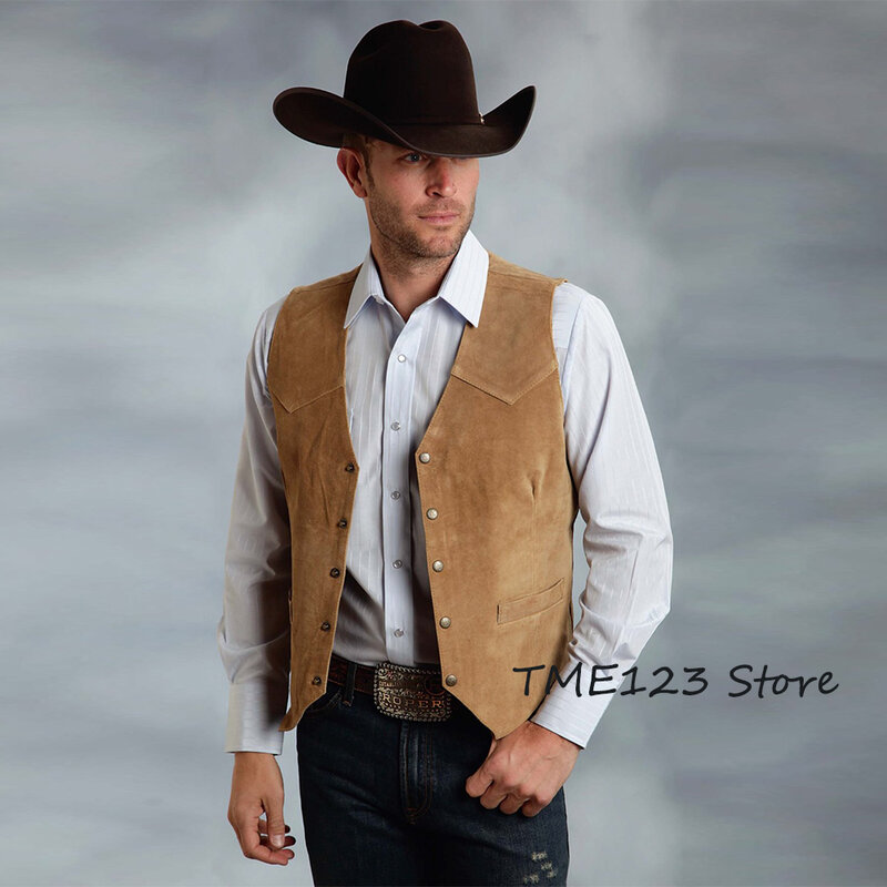 Chaleco de mezclilla occidental informal para hombre, ropa clásica de gamuza ajustada, 5 botones, entrega rápida