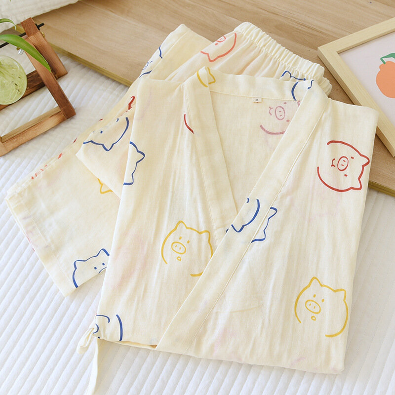 Пижамный комплект-кимоно Женский из двух предметов, Тонкие штаны с рукавом три четверти, хлопковая двойная марля, японская Домашняя одежда, весна-осень